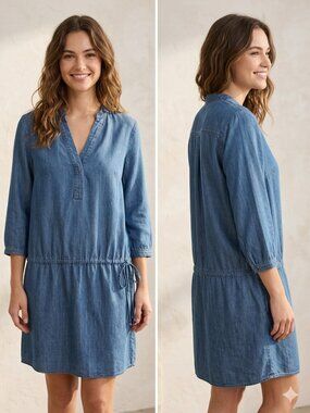 GLAM American Made Tencel Soft Denim Drawstring Waist Dress 3/4 Sleeves Size M
